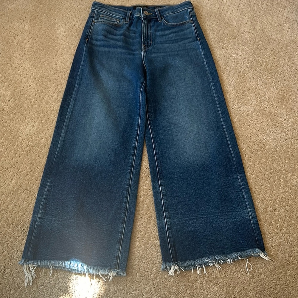 Wide Leg Raw Hem Jeans - Dark Blue